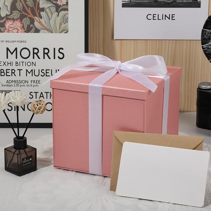 Gift Box with Lid 7x7x6.5 Inches, Pink Gift Boxes for presents Packaging for Birthdays, Valentine's Day, Christmas, Anniversaries (Include Shredded Paper Fill, Envelope Card Ribbon)