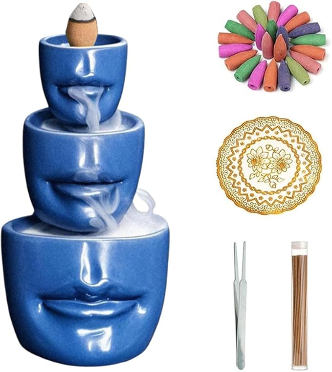 Comeon Backflow Incense Burner Holder, Face Handicraft Decor, Resin Reverse Flow Incense Burner Censer Cone + 20 Backflow Incense Cones 30 Incense Sticks 1 Tweezer 1 Mat (Matte Blue)