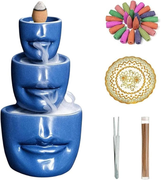Comeon Backflow Incense Burner Holder, Face Handicraft Decor, Resin Reverse Flow Incense Burner Censer Cone + 20 Backflow Incense Cones 30 Incense Sticks 1 Tweezer 1 Mat (Matte Blue)