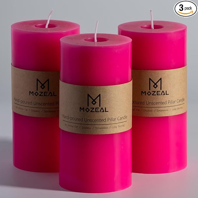MOZEAL 3" x 6" Hand-Poured Unscented Candle, Dripless Pillar Candle Set of 3, Long Lasting Burning, Approx 120 Hours Burn Time, Rustic Country Style, for Spring Celebrations, Vibrant Energy, Hot Pink