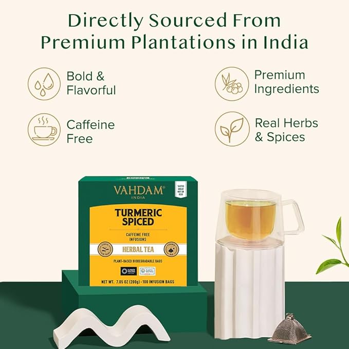 VAHDAM, Turmeric Spice Herbal Tea Bags (100 Pyramid Tea Bags) | Caffeine Free, Non GMO & Gluten Free | Turmeric Ginger Tisane with Cardamom, Cinnamon, Lemongrass & Black Pepper