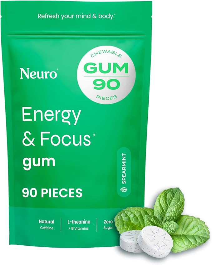 NeuroGum Energy & Focus Gum (90 Count Bag, Spearmint) | 40mg Natural Caffeine + L-Theanine + Vitamin B12 & B6 + Xylitol | Sugar Free Nootropic Cognitive Brain Performance Supplement