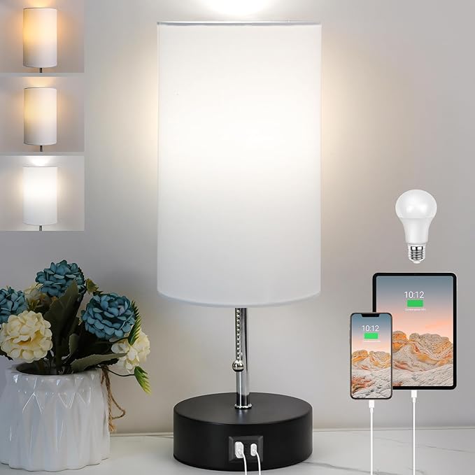 3-Color Temperature Bedside Lamp Nightstand Lamp with USB A Port and C Port, Table Lamp for Bedroom with LED Bulb Small Lamps for Living Room (White)