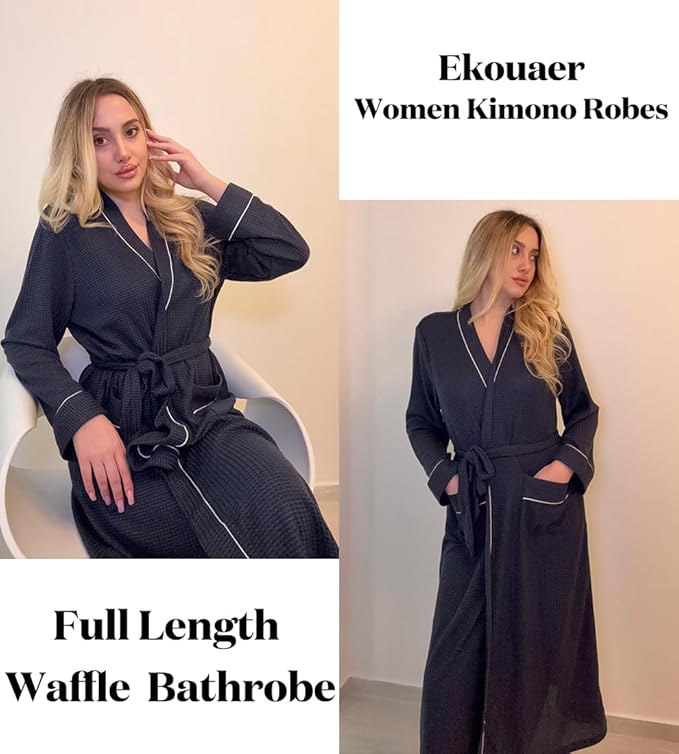 Ekouaer Robes for Women Lightweight Knit Waffle Bathrobe Full Length Kimono Casual Ladies Loungewear