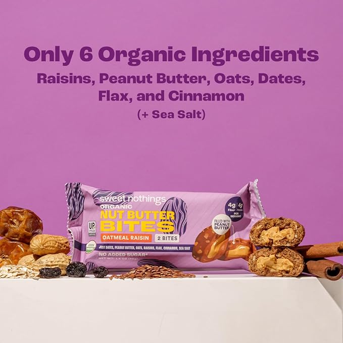 Sweet Nothings, Oatmeal Raisin, USDA Organic Nut Butter Bites Protein Bar, Nut & Date Snack, Filled with Peanut Butter, 12-2 Bite Value Packs - No Added Sugar, Plant Based, Vegan, Only 7 Ingredients