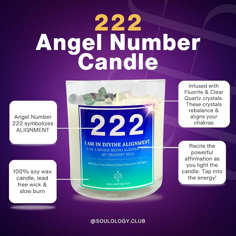 222 Angel Number Candle, 10oz, Crystal candle, 100% Soy Wax & Phthalate-Free Fragrance candles, Gifts candles for women, Angel Number Gift, Healing Candle, Spiritual Candle