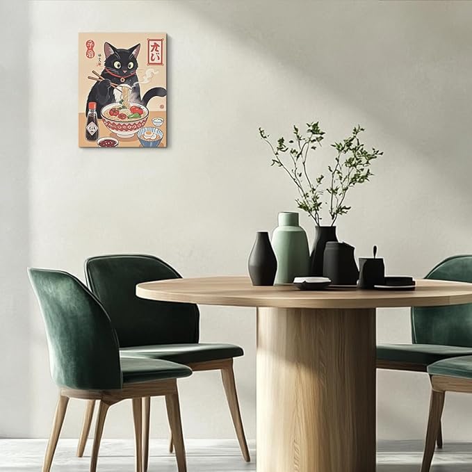 HZMLYDJ Cute Japanese Cat Canvas Wall Art, Quirky Cats Eating Ramen Posters Trendy paintings Wall Art Decor, Aesthetic Canvas Decoration Artwork for Walls Home Living Room Kitchen Dining Room Decor