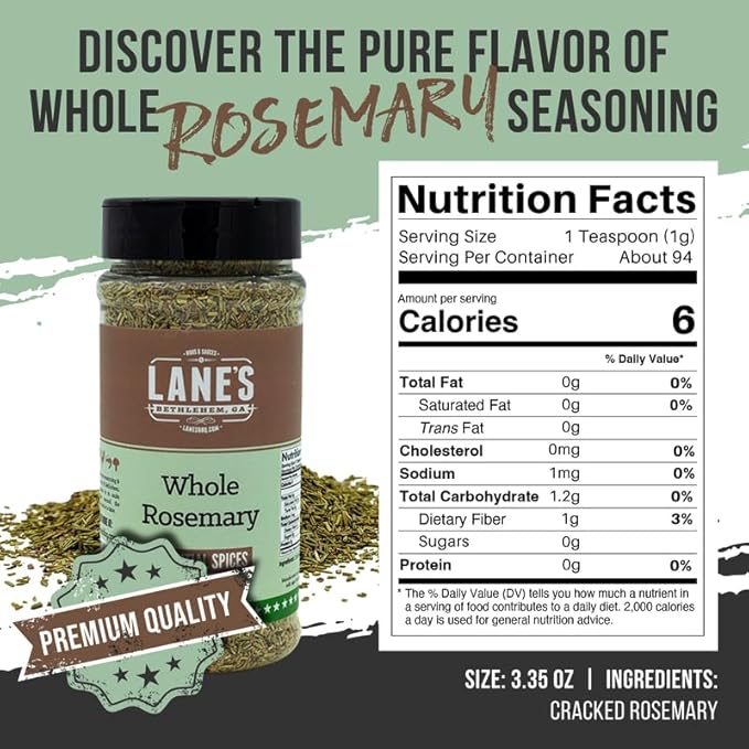 Lane's Whole Rosemary Seasoning, All-Natural Cracked Rosemary Spice Compliments Dishes like Chicken, Lamb, Pork, & Veggies, Made in USA, 3.35 Oz (94g)