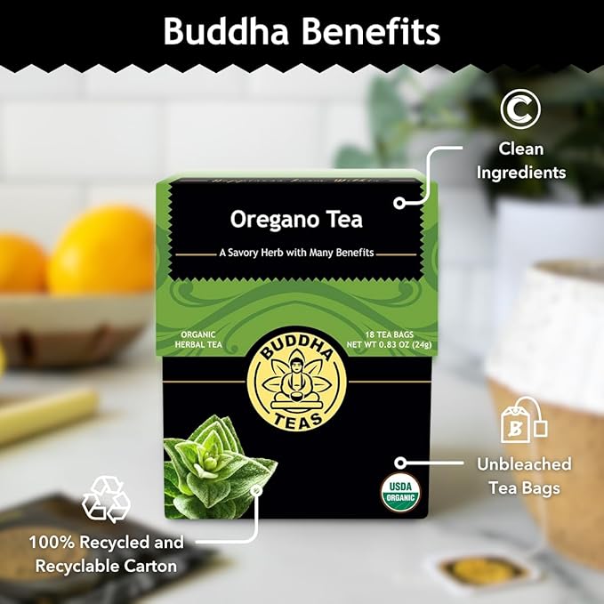 Buddha Teas - Organic Oregano Tea - Herbal Tea - For Health & Wellbeing - With Antioxidants & Minerals - Clean Ingredients - Caffeine Free - OU Kosher & Non-GMO - 18 Tea Bags (Pack of 1)