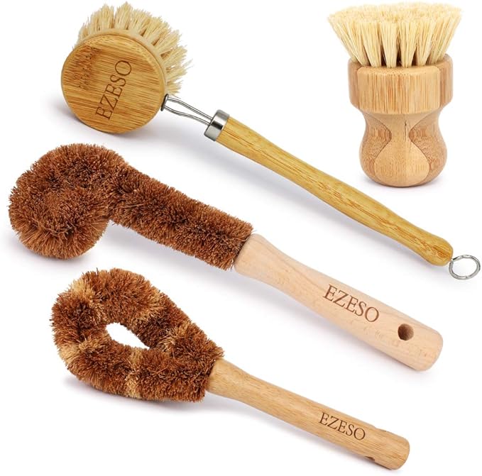 Ezeso Natural Bamboo Dish Scrub Brush Set 4 Piece, Wooden Pot & Bottle Brush