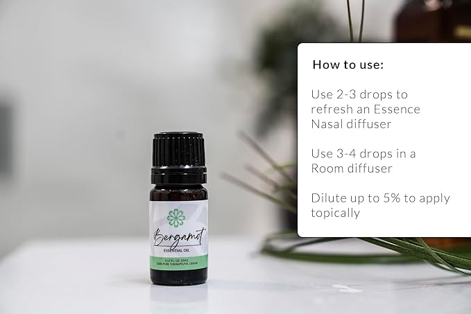 Essence Bergamot Essential Oil – Pure & Therapeutic Grade – Perfect for Aromatherapy, Diffusers & Recharging Essence Nasal Diffuser Rings – Natural Stress & Mood Support (5mL)