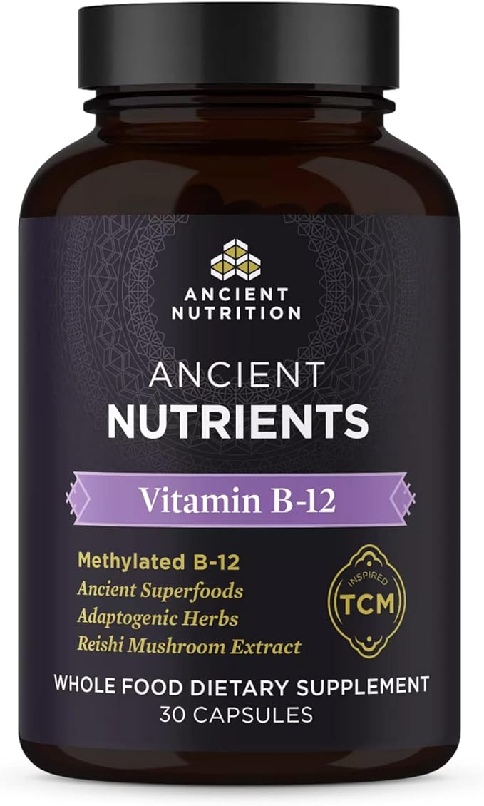 Ancient Nutrition Vitamin B12 Supplement, Supports Energy Metabolism and Nervous System Health, Adaptogenic Herbs, Enzyme Activated, Paleo & Keto Friendly, 30 Capsules