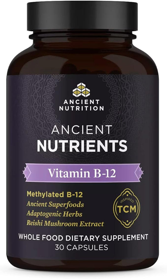 Ancient Nutrition Vitamin B12 Supplement, Supports Energy Metabolism and Nervous System Health, Adaptogenic Herbs, Enzyme Activated, Paleo & Keto Friendly, 30 Capsules