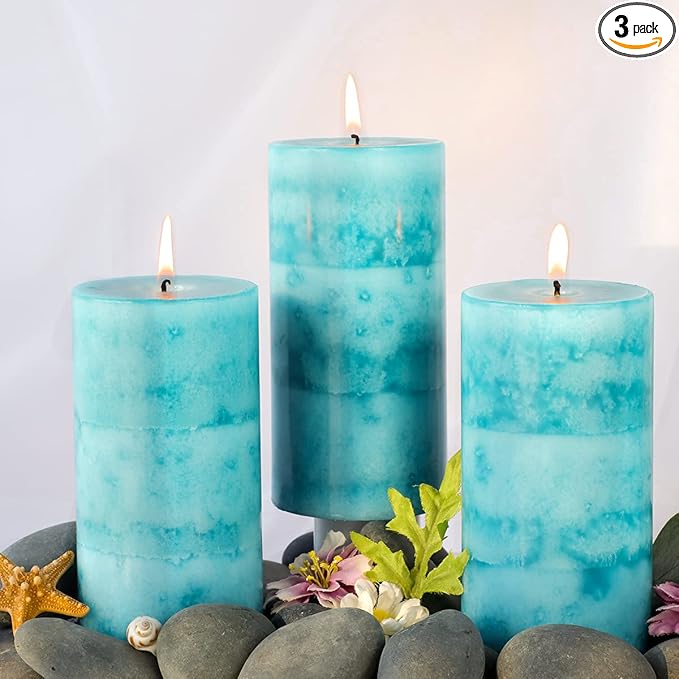 Pillar Candles Ocean Breeze Scented 3x6 inch Long-Lasting Clean Burning Candle 3 Pack Teal Turquoise Candles Coastal Themed Ocean Marine Rustic Decor for Home Bathroom Wedding