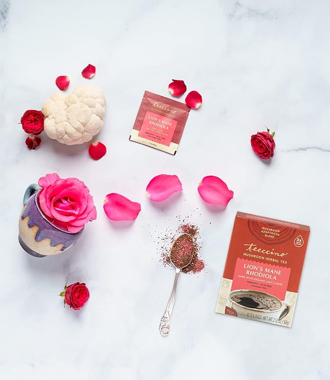 Teeccino Caffeine-Free Mushroom Adaptogenic Herbal Tea - Lion’s Mane Rhodiola Tea - Rose, 3x More Herbs than Regular Teas, Lightly Sweet from Dates & Figs, Chicory Prebiotic - 10 Tea Bags