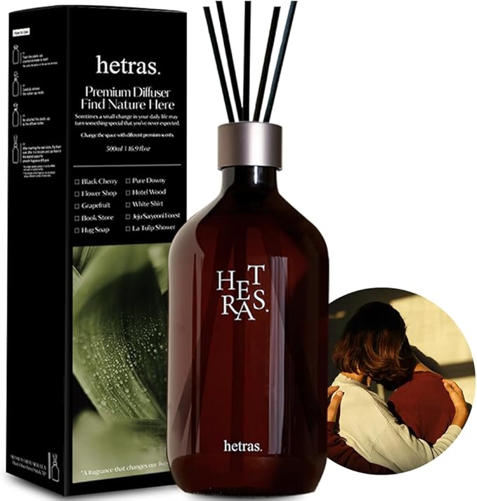 hetras Premium Reed Diffuser Set 16.9 fl.oz. 1 Pack | Hug Soap - Cozy & Clean Scent | Long-Lasting Luxury Fragrance with 10 Reed Sticks for Home & Office | Gifts for Loved One