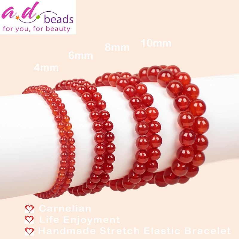 AD Beads Handmade Gemstone Stretch Elastic Bracelet Crystal Healing Reiki Nature's Beauty and Spiritual Essence Unisex (8mm, Carnelian (Life Enjoyment))