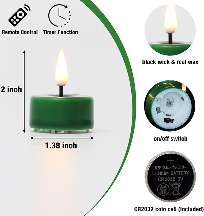 Eywamage Green Flameless LED Wax Tealights with Remote Batteries, Flickering Battery Colored Tea Votive Candles Set of 10