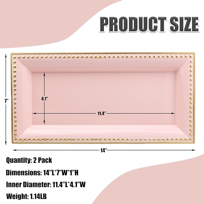 2 Pack Pink Bathroom Vanity Tray for Countertop with Beads, Small Plastic Toilet Tank Versatile Storage Organization Tray for Makeup, Perfume, Desk, Kitchen, Candles, 14"x7"x1", 36P