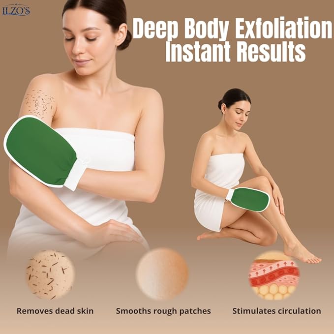 Original Moroccan Kessa Exfoliating Glove Set (ILZO’S) – 3-Piece Hammam Mitts for Face, Body & Back – Deep Skin Cleansing & Dead Skin Removal – Reusable Natural Exfoliator – Assorted Colors (GREEN)