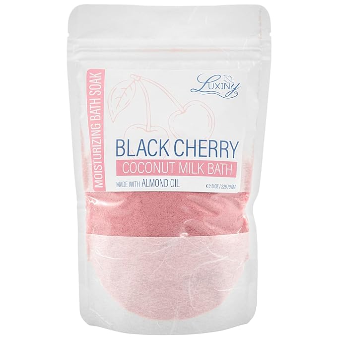 Luxiny Vegan Milk Bath Soak Made with Moisturizing Coconut Milk Powder & Sweet Almond Oil for a Bath Bomb Dust Soothing Fizz & Relaxing Soak, 8 oz. (Black Cherry)
