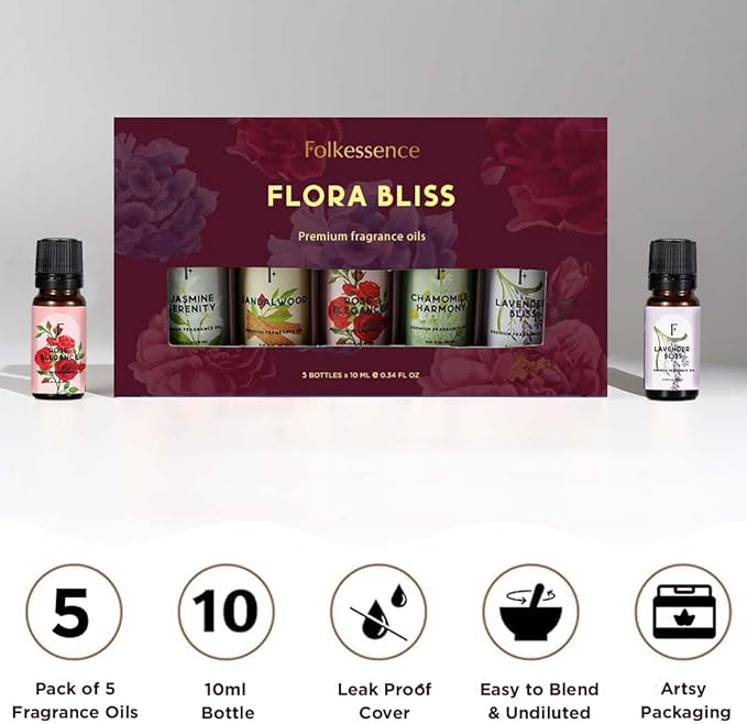 Folkulture Essential Oils for Home | Set of 5 (0.34 fl oz x 5) Sandalwood Essential Oil or Rose Diffuser Oils for Relaxation | Lavender Essential Oil or Chamomile Oil Scents | Jasmine Oil for Women
