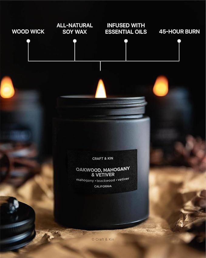 Craft & Kin Premium Oakwood, Mahogany & Vetiver Candle | Black Fall Scented Candles for Men | Long Lasting with 45 Hour Burn Time, 7.6oz | Made with Fall Soy Candles | Aromatherapy at Home