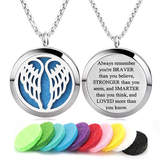 Aromatherapy Essential Oil Diffuser Necklace Stainless Steel lnspirational Locket Pendant(Angel Wings)