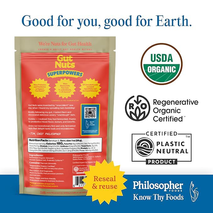 Gut Nuts - Fermented and Sprouted "Sourdough" Almonds for Gut Health - Tangy, Umami, & Salty Flavors - Super Crunchy Low Carb Keto Snacks - Low Sugar Prebiotic & Postbiotic Almond Snacks - 3oz Pouch (3 Pack) - by Philosopher Foods