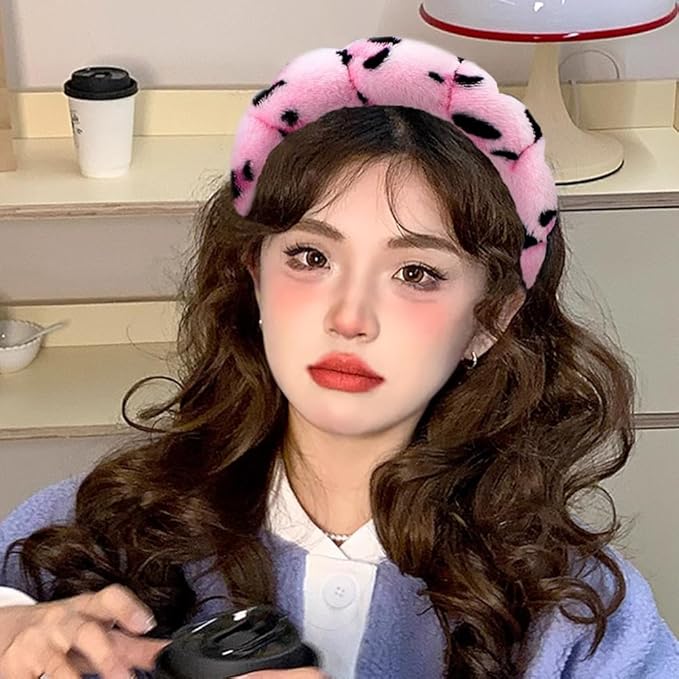 Spa Headbands for Washing Face or Makeup, Sponge Bubble Skincare Headbands, Puffy Terry Cloth Hairband for Women, Skin Care Makeup Headwear Hair Accessories for Girls (Leopard Pink)