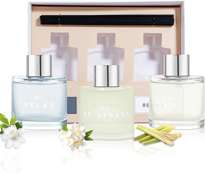 3 Pack Fragrance Reed Diffuser, 50ML Gardenia Jasmine Lemongrass Aromatherapy Diffuser Set with 12 Black Fiber Sticks,Air Freshener for Bedroom Bathroom Office