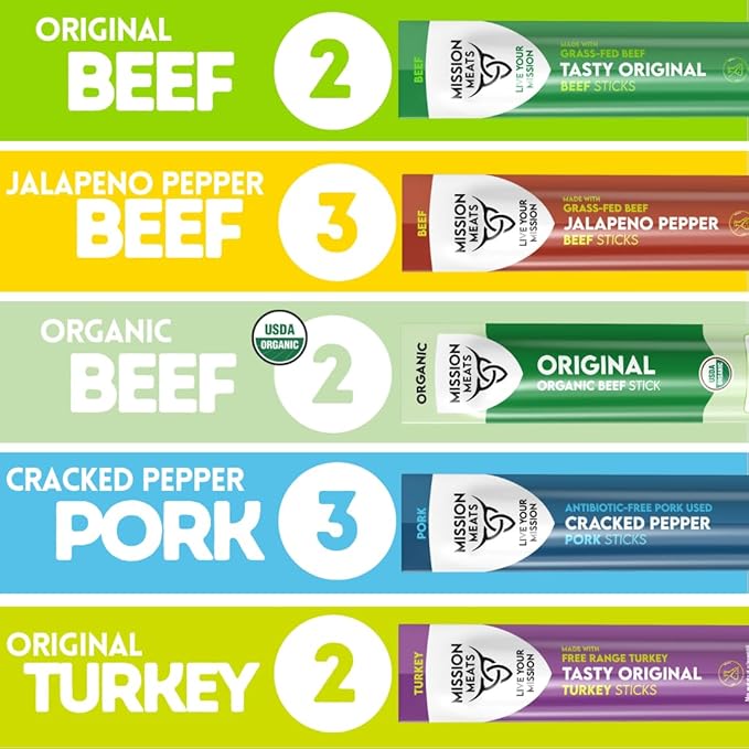 Mission Meats Variety Pack with Certified Organic Beef, Grass Fed, Free Range Turkey, and Cracked Pepper Pork – Gluten & Sugar Free, Whole 30 & Paleo Friendly, Delicious and Family Friendly (12 Count)