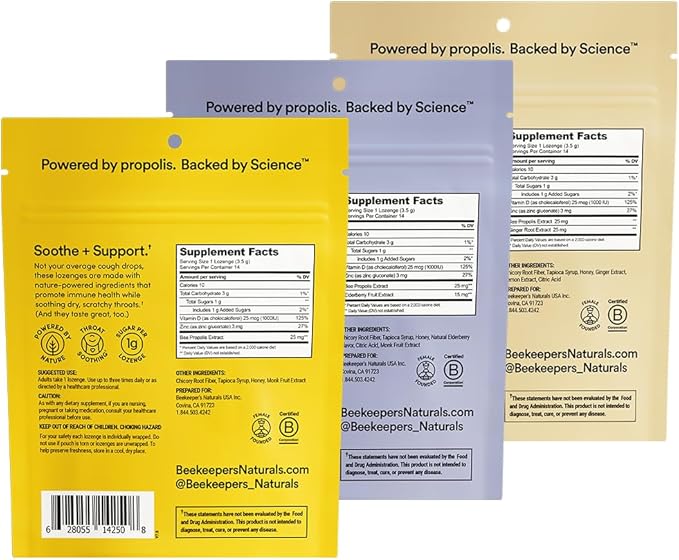 Beekeeper's Naturals Soothing Honey Cough Drops 3 Flavors Pack,Honey,Ginger Lemon & Elderberry Sore Throat Relief Soothing Lozenges with Zinc,Propolis & Vitamin D,42 Ct