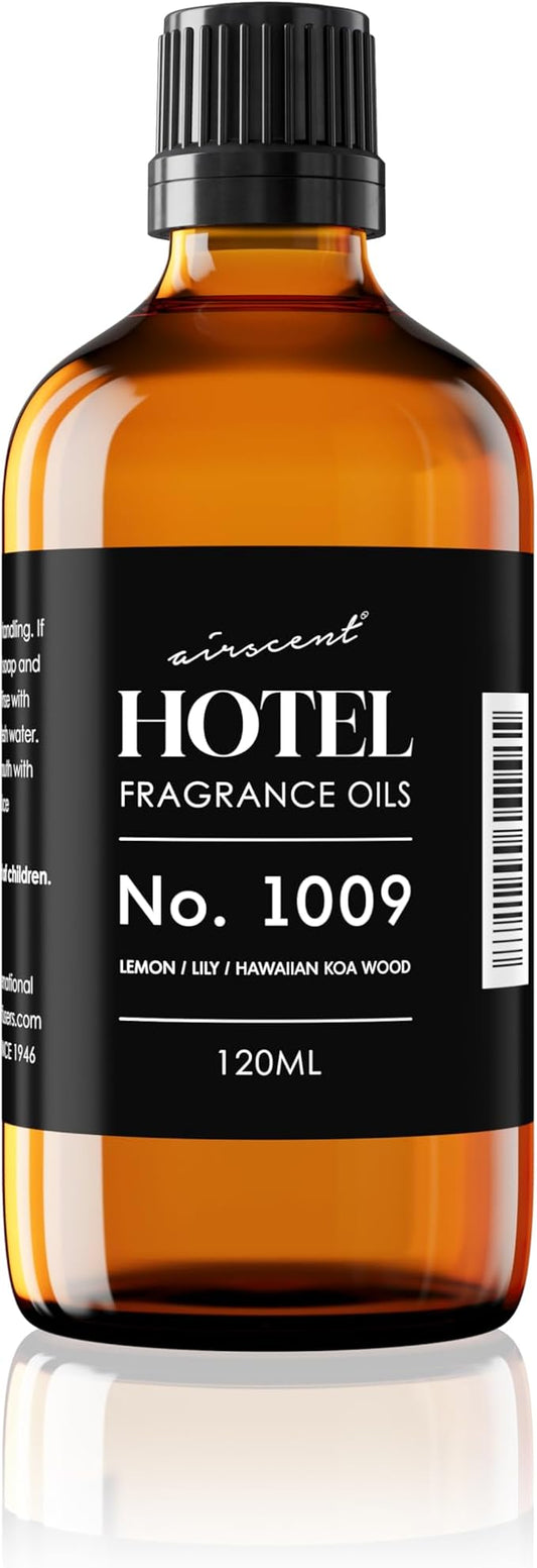AirScent Hotel Diffuser Oil No. 1009 - Lemon Lily Hawaiian Koa Wood - Hotel Scent Dupe - Premium Fragrance Oil for Ultrasonic and Waterless Diffusers and Crafting - 120 mL, 4 fl oz Glass Bottle