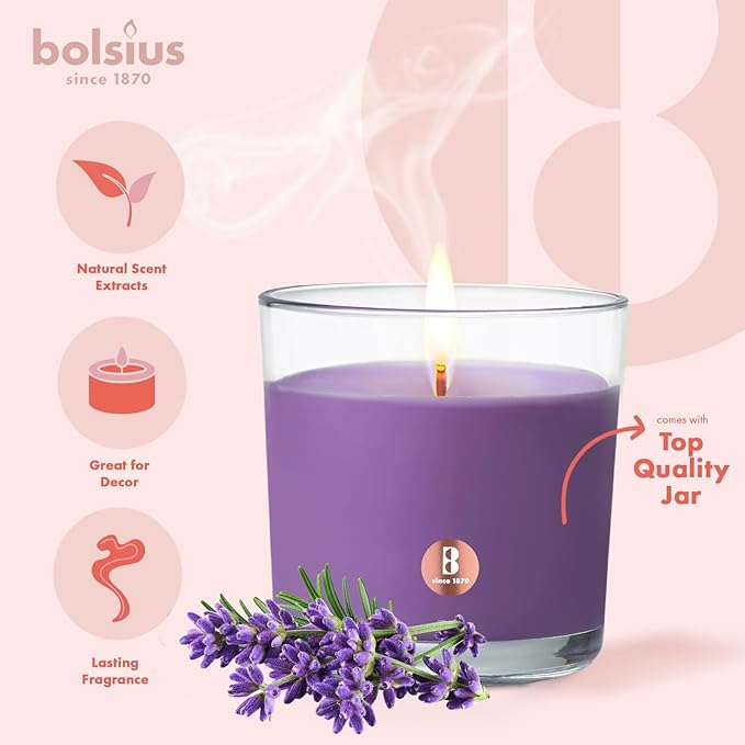 Bolsius Premium Lavender Scented Candle - Long-Lasting Candle Jar, 43+ Hours Burning Time - Natural Lavender Candle with Plant-Based Wax- Smokeless. Clean-Burning Aromatherapy Candle - Large, 8oz Jar
