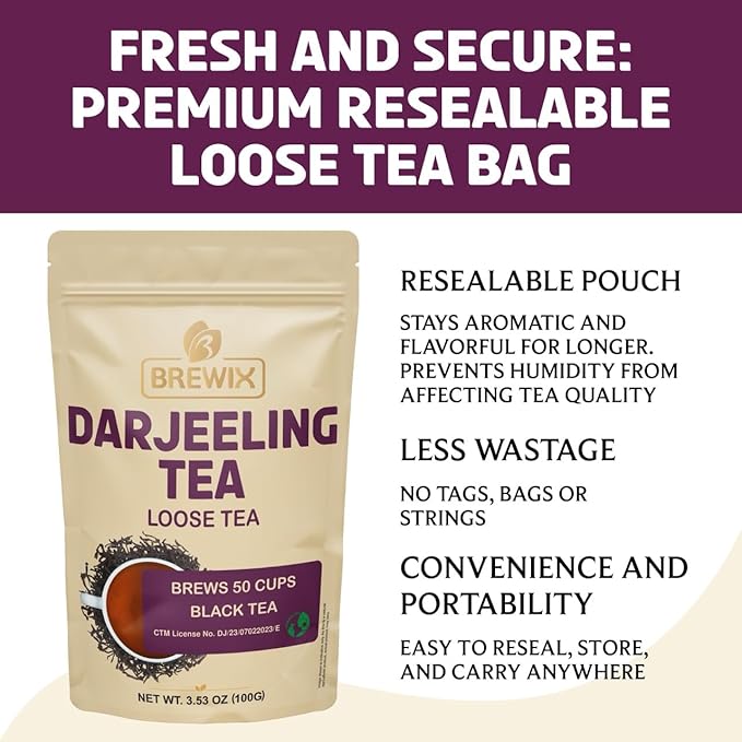 BREWIX, Darjeeling Tea Leaves from Hills of Himalayas (50+ Cups, 3.53oz/100g) | Pure Loose Leaf Darjeeling Black Tea | Long Leaf Grade | Straight From Source In India