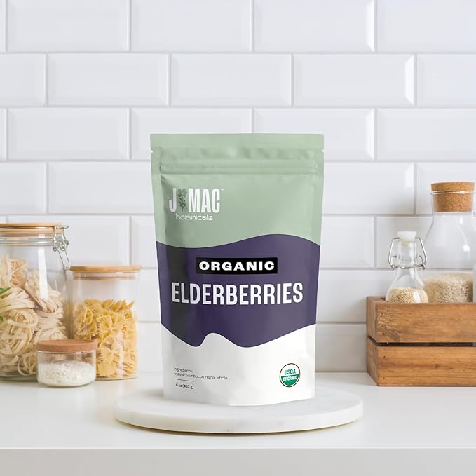 J MAC BOTANICALS Certified USDA - 100% Organic Dried Elderberries - 2lb Bulk - Non-Irradiated, Non-GMO, Whole Black Elderberry Immune Support - Raw Vegan Sambucus 2 Pack