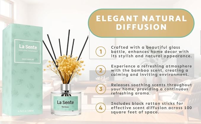 Reed Diffuser Set, Glass Bottle with Black Rattan Sticks, Dried White Flowers, 6.7fl oz, 200ml (Bamboo)