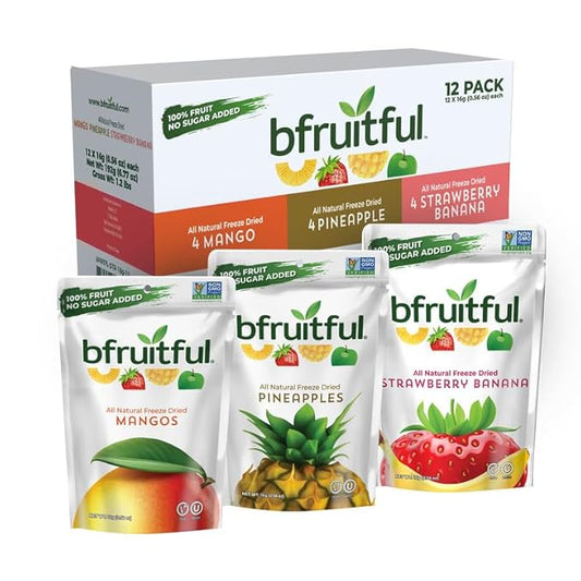 bfruitful Freeze-Dried Mangos, Strawberry Bananas, Pineapples Variety Pack, Freeze Dried Fresh Fruit Bites, Gluten Free, Vegan, Dairy Free, Kosher, No Sugar Added, Non GMO, Healthy Snacks for Kids or Adults, 0.56 oz Single-Serve Snack Packets, 12 Pack
