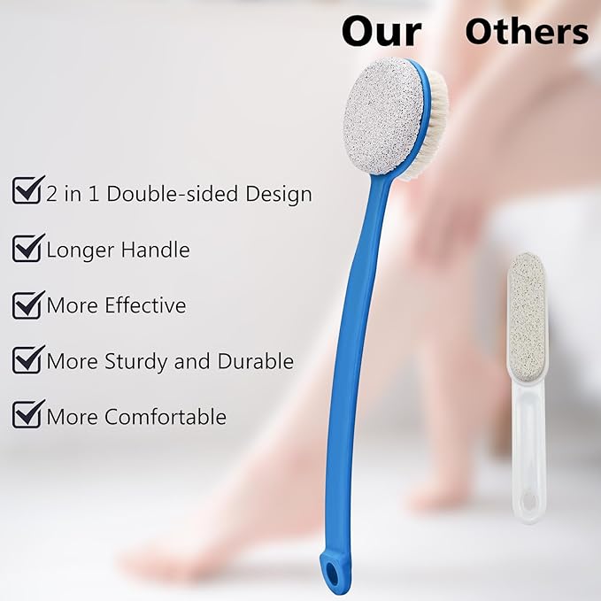 Foot File Callus Remover,Beomeen Pumice Stone for Feet with Long Handle, Hard Skin Callus Remover, 2 in 1 Foot Scrubber, Back Body Brush for Shower Brush Deep Cleansing and Exfoliating (Curved),Blue
