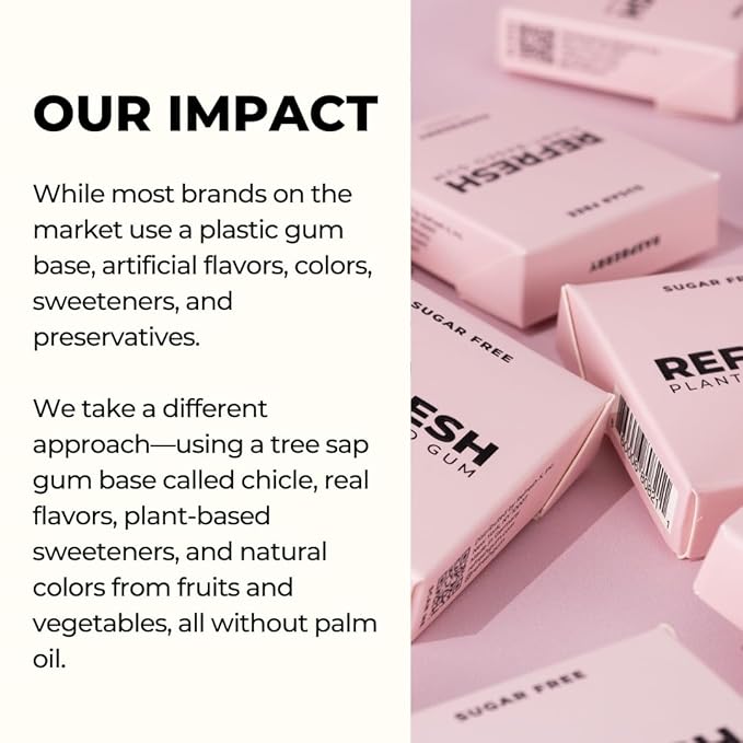 Refresh Gum, Xylitol, Natural, Sugar Free, Plastic Free, Natural Flavors & Organic Ingredients, Plant-Based, Low Calorie, Non GMO, Gluten Free, Vegan, Raspberry Flavor, 12 Pcs, 12 Pack