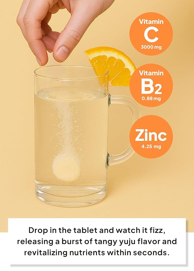 Korean Food Everteen MegaVita C3000 Effervescent Drink – Citrus-Flavored Fizzy Beverage Mix, 3,000mg Vitamin C per Tab, 2 Tabs Daily = 6,000mg, 10 Tabs × 3 Packs