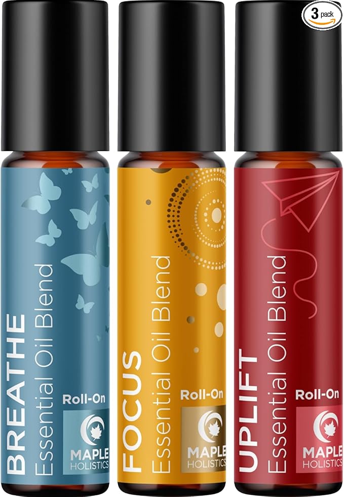Aromatherapy Roll on Essential Oils Set - Wellness Essential Oils Set Variety Pack with Focus Uplift & Breathe Essential Oil Rollers - Fun & Cute Wellness Gift for Young Women and Teens (3 Pack)