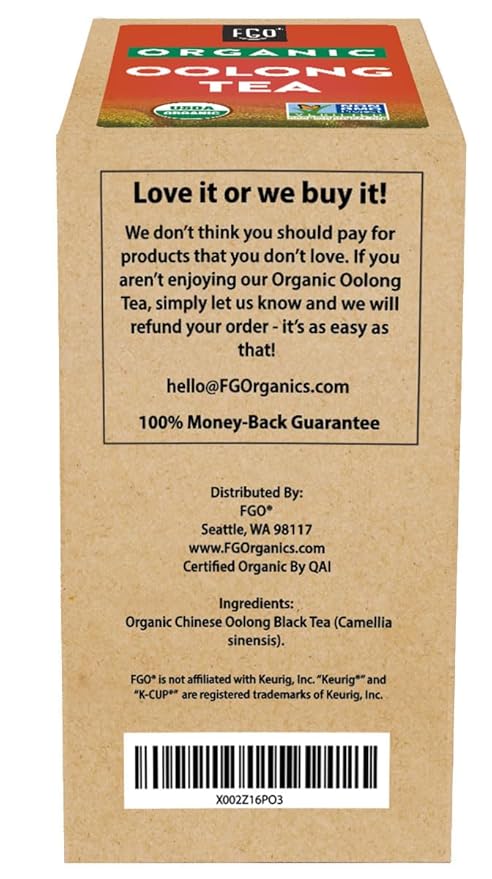 FGO Organic Oolong Tea K-Cup Pods for Keurig, 24 Count (Pack of 1), Premium Black Tea is USDA Organic, Non-GMO, & Recyclable with Naturally Occurring Caffeine