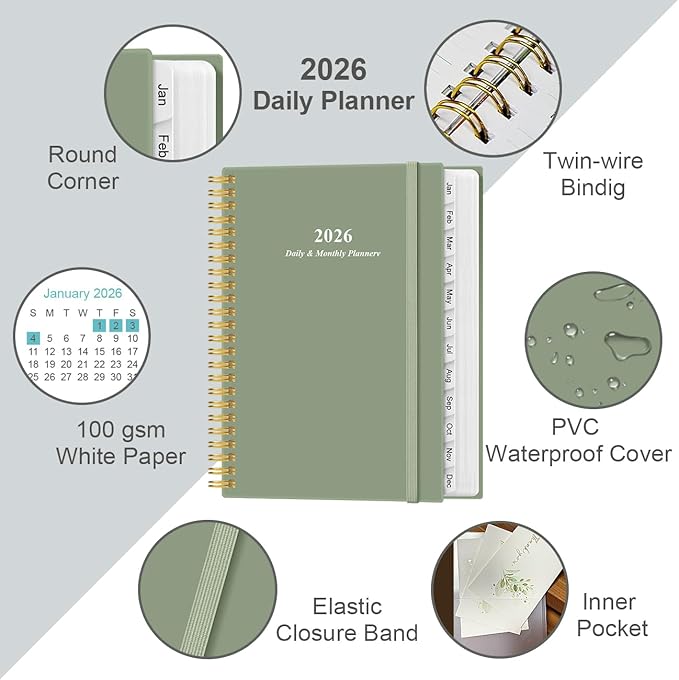 2026 Daily & Monthly Planner - One Page Per Day, Daily Planner 2026 from January 2026 to December 2026, Planner 2026 with 12 Monthly Tabs, 6.4" x 8.5", Green