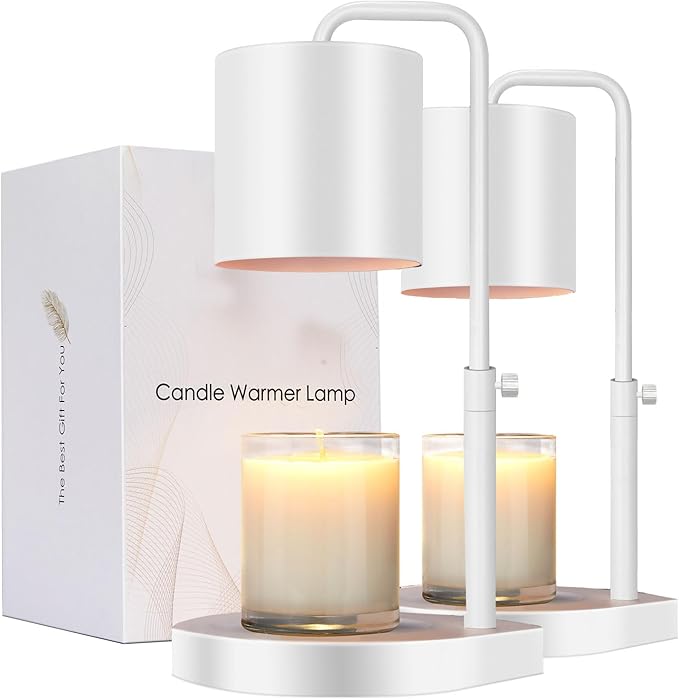 Candle Warmer Lamp 2 Pack Adjustable Height Dimmable Candle Lamp Warmer with Timer Compatible with Large Jar Candles No Flame Scented Candle Warmer with 2 Bulbs Mothers Day Gift -White
