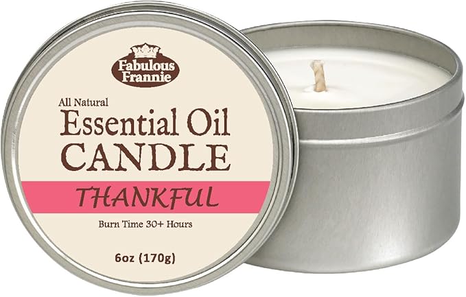 Fabulous Frannie All Natural Aromatherapy Soy Candle Travel tin Made with Pure Essential Oils 100 Hours Burn time 6oz (Thankful)