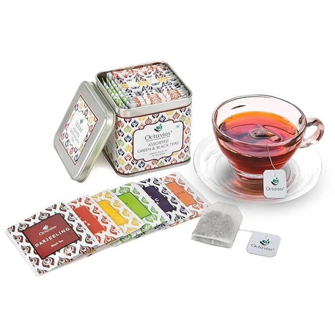 Octavius Tea Variety Pack – 25 Teabags | 6 Assorted Black & Green Teas | Premium Tea Sampler Box | Refreshing & Aromatic | Pack of 1