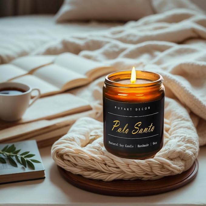 Palo Santo Highly Scented Candle for Home, 9oz Natural Soy Aromatherapy Non Toxic Candles with Essential Oil, Home Fragrance Stress Relief & Meditation Jar Candles Gifts for Women & Men