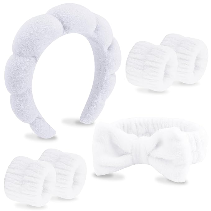 VELSCRUN 6 Pack Spa Headband, Makeup Headband, Face Wash Headband, Skincare Headbands, White Sponge Hair Band Bow Tie Spa Headband for Washing Face Wristband Set Hair Accessories for Women Gifts